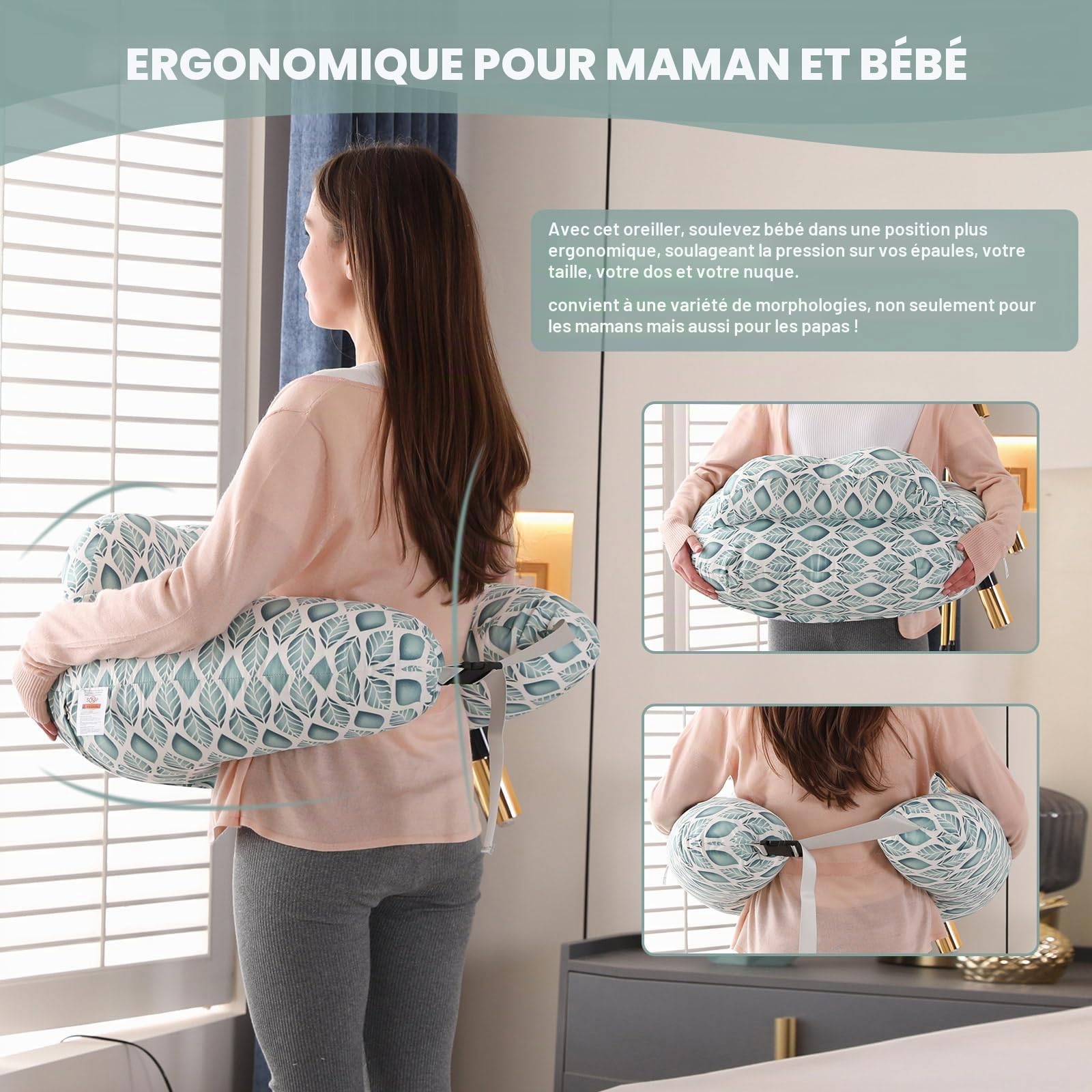 Coussin d'Allaitement pour Bébé : Oreiller de Maternité Ultra Doux, Coussin d'Allaitement pour Bébé avec Barrière de Sécurité, Coussin de Nourrissage Confortable Cadeau de Grossesse (Feuilles Vertes)