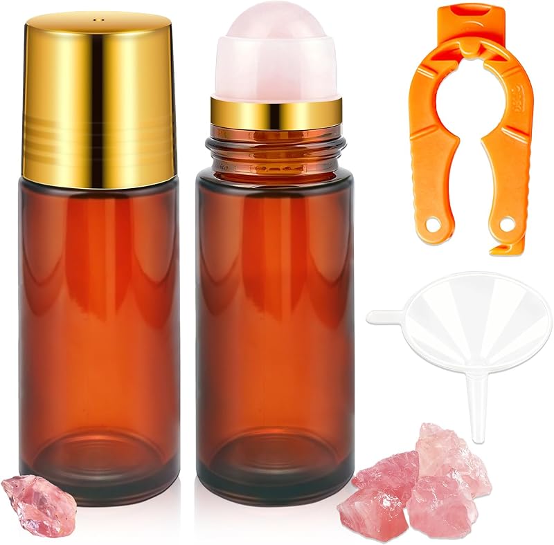 Frascos roll-on de vidro RTTHEL com esfera de quartzo rosa, pacote com 2