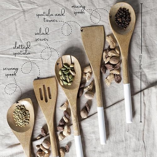 Miniatura 2 de The Art Box Juego de 5 cucharas de madera para cocinar, cuchara de esquina maciza de madera natural, espátula ranurada, utensilios de cocina,