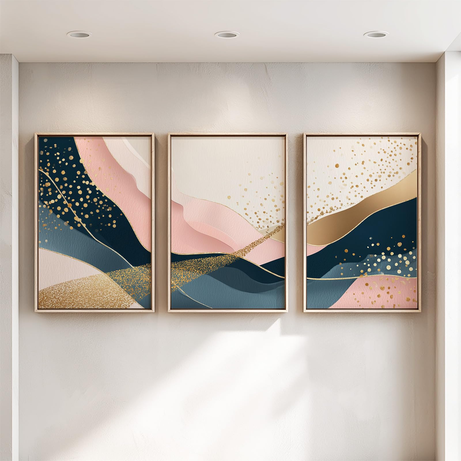 Generisch 3-teiliges Wandbild Leinwand Set 50 x 70 cm, Ohne Rahmen Ästhetische Kunstdrucke Abstrakt Elegant für Wohnzimmer & Schlafzimmer, Minimalistisch Linie Gold Rosa Marineblau