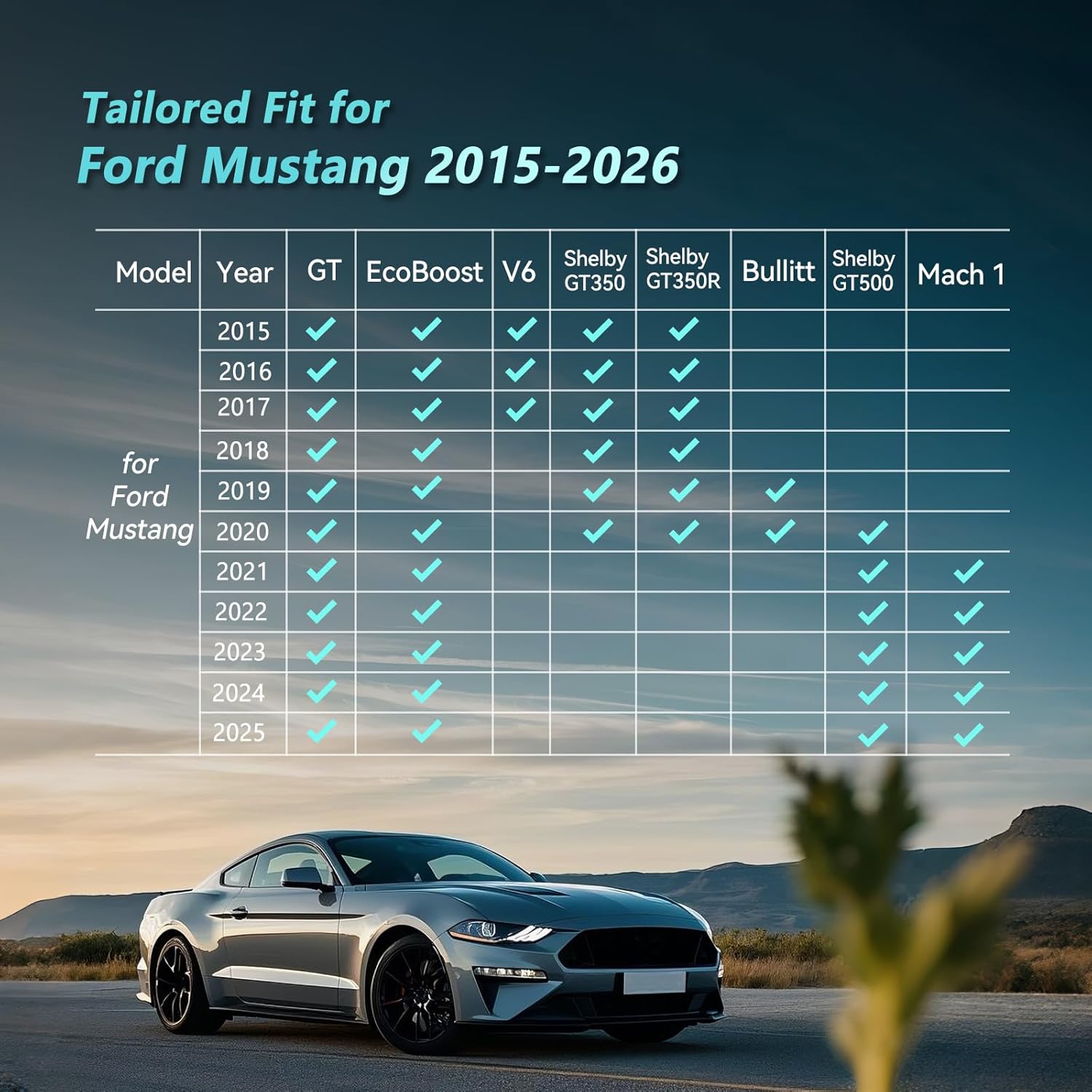 AOMSAZTO Floor Mats for Ford Mustang/Mustang GT 2015-2026 - All Weather Car Floor Liners 1st & 2nd Row Anti Skid Car Mats (Fit Convertible/Coupe/GT/EcoBoost Models)