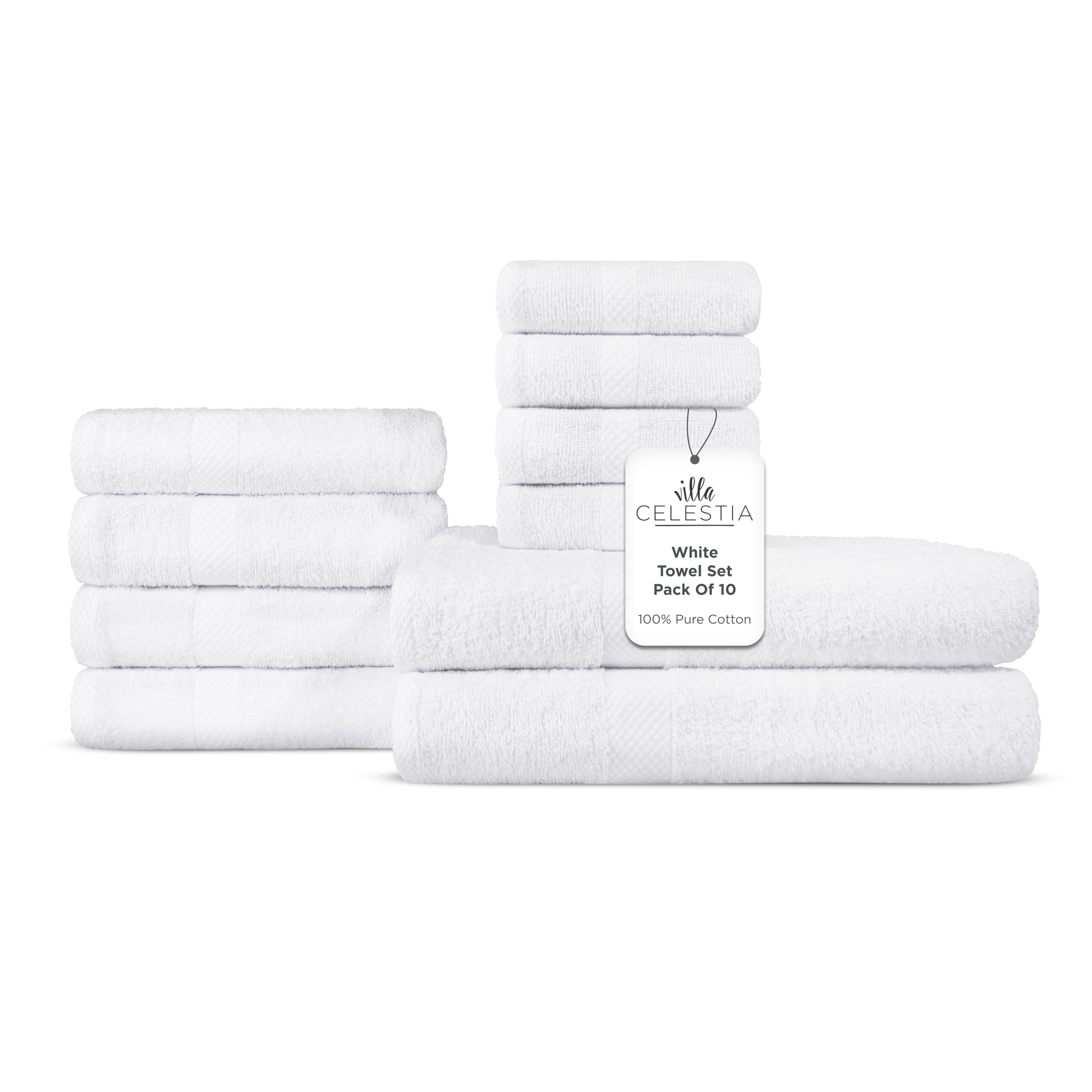 Villa Celestia 10-Piece 100% Cotton Towel Set, 2 Bath Towels, 4 Hand Towels, 4 Wash Cloth, Quick-Dry, White
