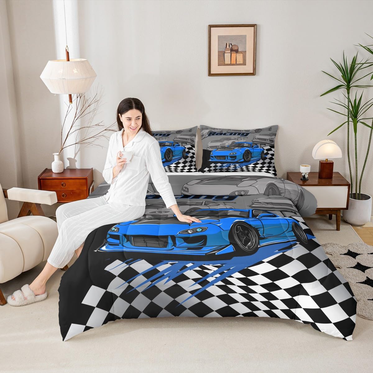 Parure de lit bleue à carreaux de course avec sa taie d'oreiller