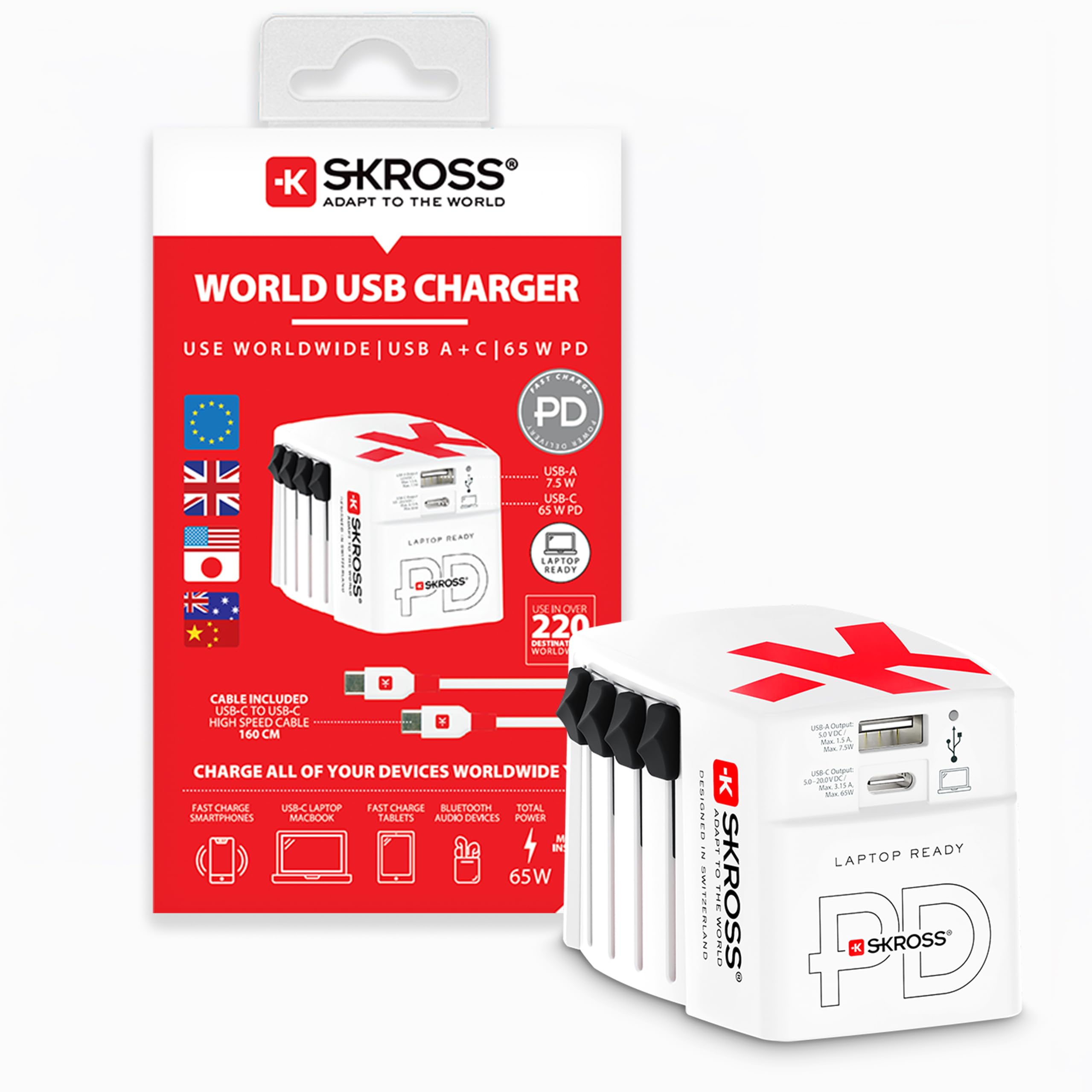SKROSS - World USB Charger AC65PD - Caricabatterie Internazionale da Viaggio da Muro con 2 USB - 65W Fast Charging e Power Delivery - Cavo USB-C da cm Incluso
