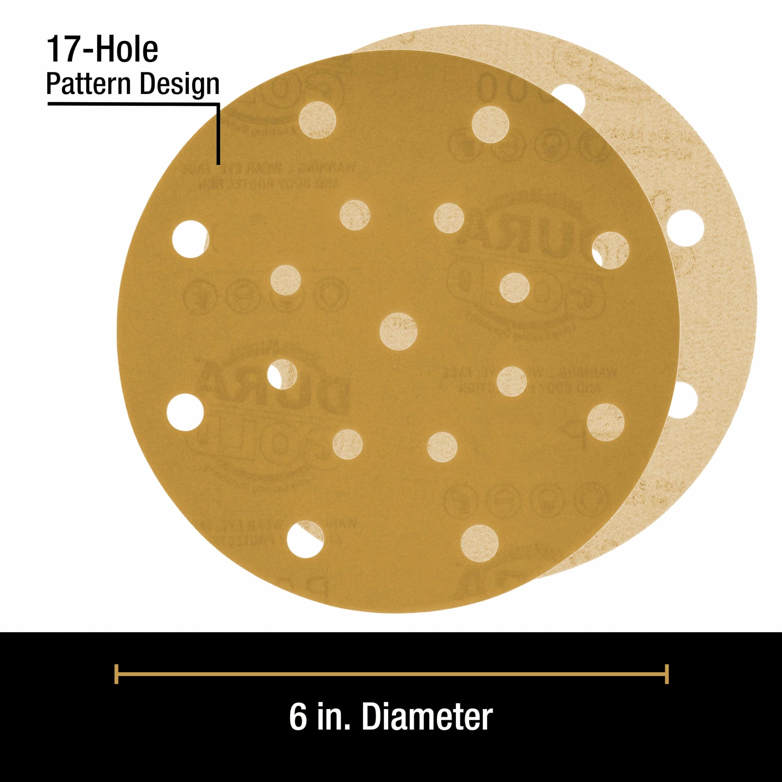 Dura-Gold Discos de lija dorados de alta calidad de 6 pulgadas, grano 500 (caja de 50), papel de lija de 17 agujeros, sin polvo, para lijadoras DA, óxido de aluminio abrasivo, arena para pintura