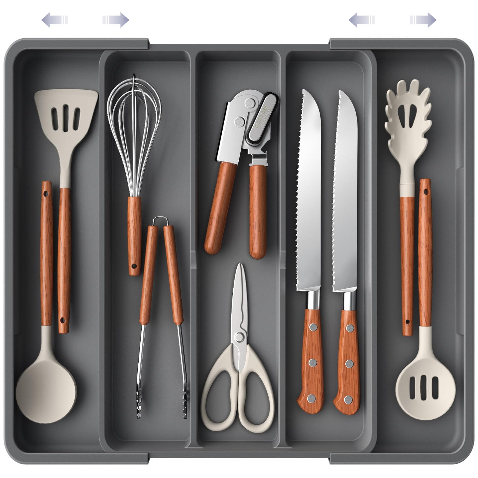 Aujen Silverware Organizer - Expandable Kitchen Drawer Organizer, Adjustable Utensil Organizer, Cutlery Tray for Forks, Knives, Multipurpose Kitchen Organizers and Storage Solution, Grey, X-Large