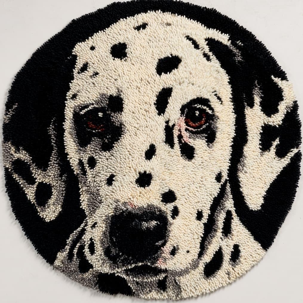 kitphoenix Round DIY Latch Hook Rug Kits Dalmatian 20X20Inch (50X50Cm) Easy for Beginners Round Carpet Crochet Yarn Craft Large Rug Hook and Latch Tapestry for Home Decor