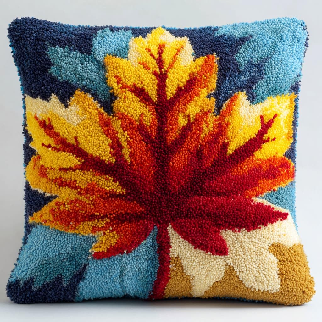 Taxpy Latch Hook Kits, Red Maple Leaves Pillow for Pillow Pre-Printed Patterns Pillowcase Needlework Crochet Yarns Latch Hooking Cushion 17x17inch