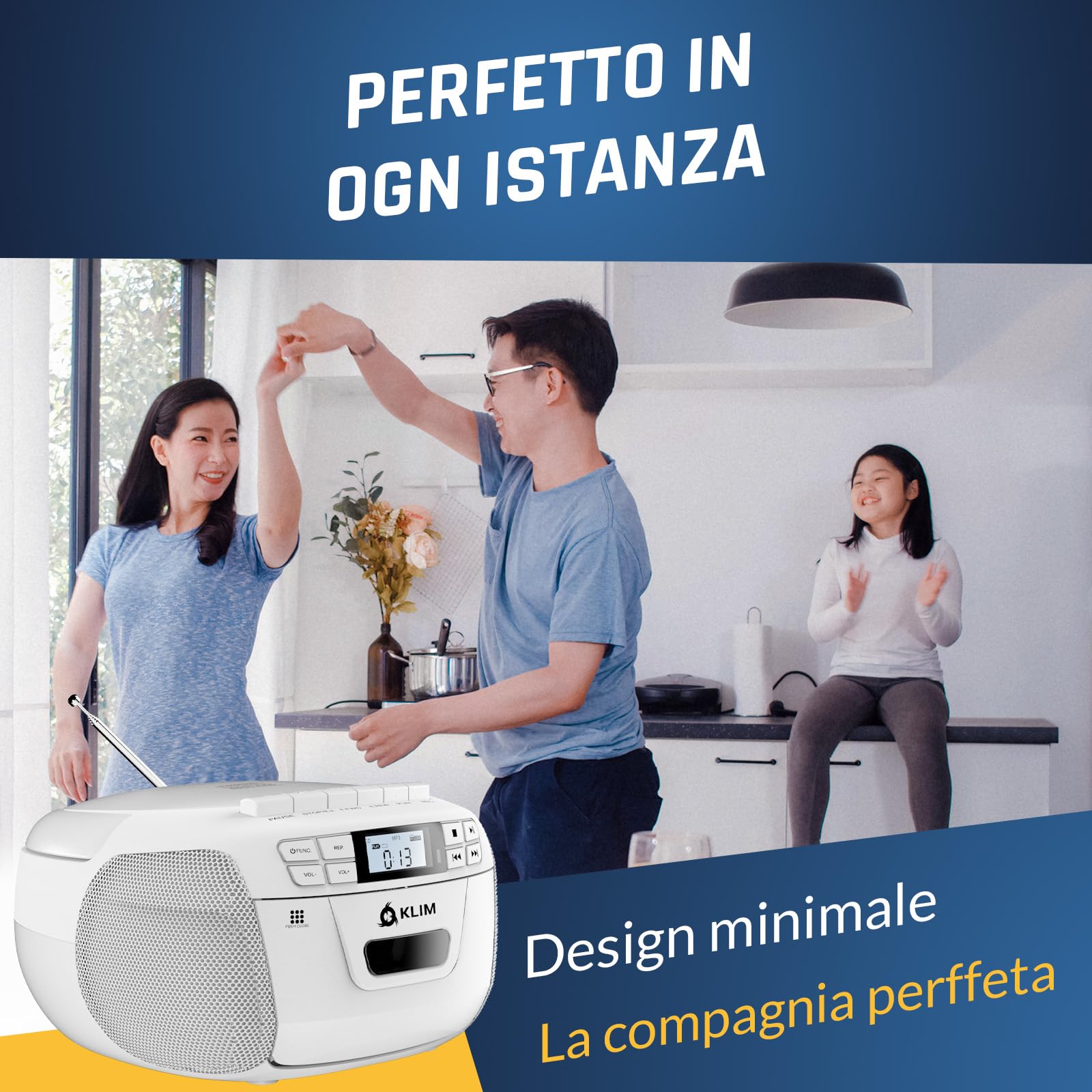 KLIM Lettore CD - Lettore Cassette Audio, AM/FM Radio Bluetooth, Stereo CD Player, Remota, Registrazione Su Nastro, USB Drive, AUX, Radio Stereo Casa Alimentazione AC/DC - Bianco