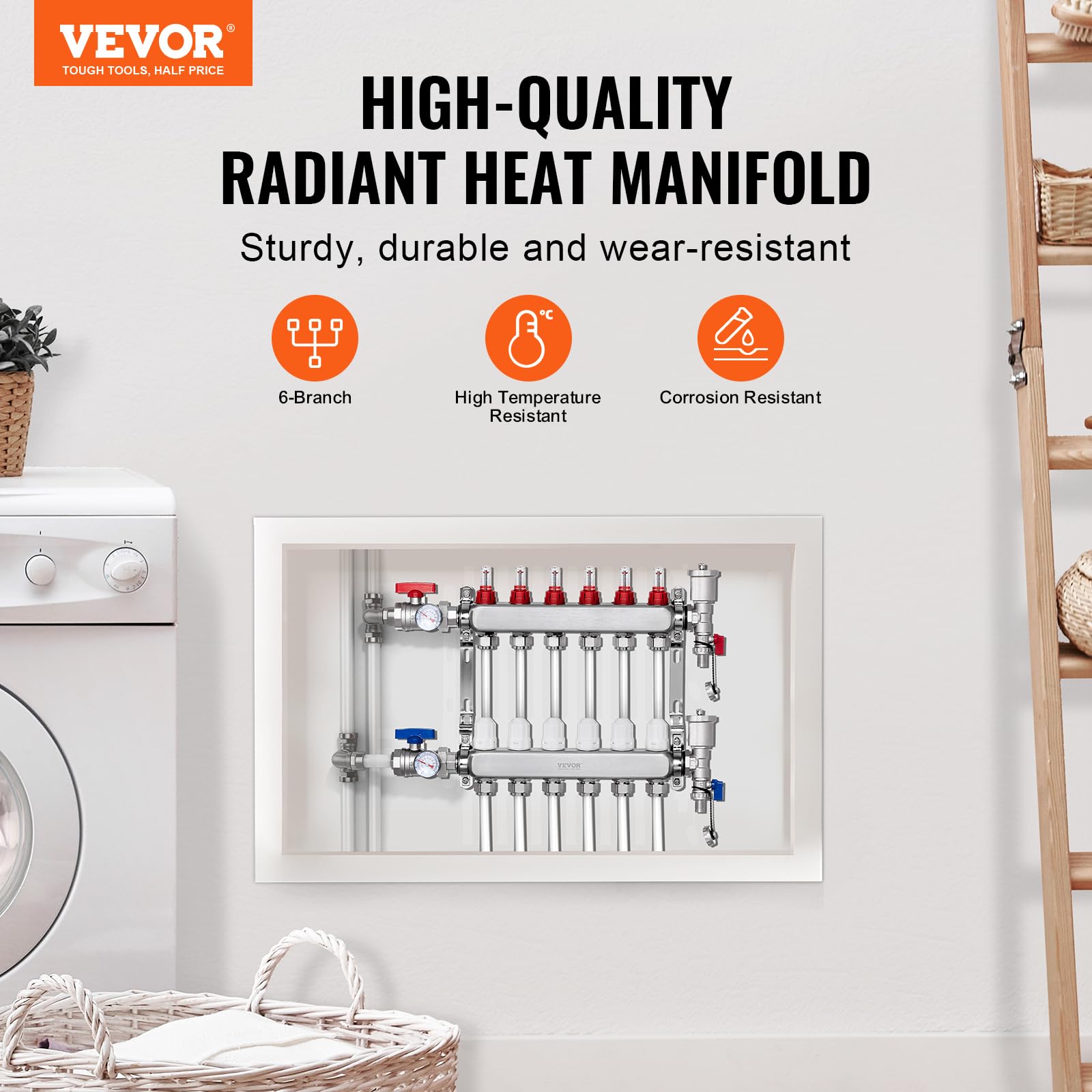 VEVOR Colector de Calor Radiante de 6 Derivaciones, Colector de Tubería PEX de Acero Inoxidable SUS304 para Calefacción por Suelo Radiante Hidrónico, con Adaptadores, 490 x 370 x 110 mm, 0-5 L/min