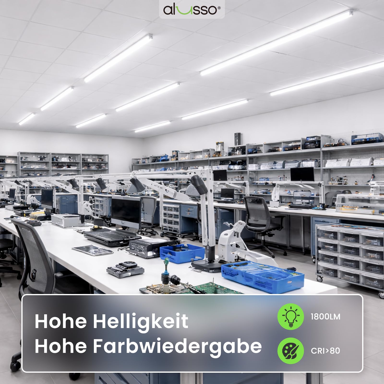ALUSSO LED Röhre 120cm 6000K Kaltweiß, 18W T8 Leuchtstoffröhre 10-er Pack | Hohe Helligkeit 1800LM ersetzen 36W, Inklusive G13 Starter, 210° Abstrahlwinkel, Geeignet für Büros, Garagen, Lagerhallen