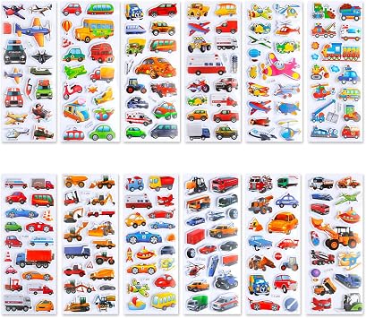 12 Sheets 3D Puffy Car Stickers, 200+ Pcs Vehicle Theme Waterproof Removable Decals for Kids' DIY Crafts, Party Bag Fillers & Scrapbooking Activities