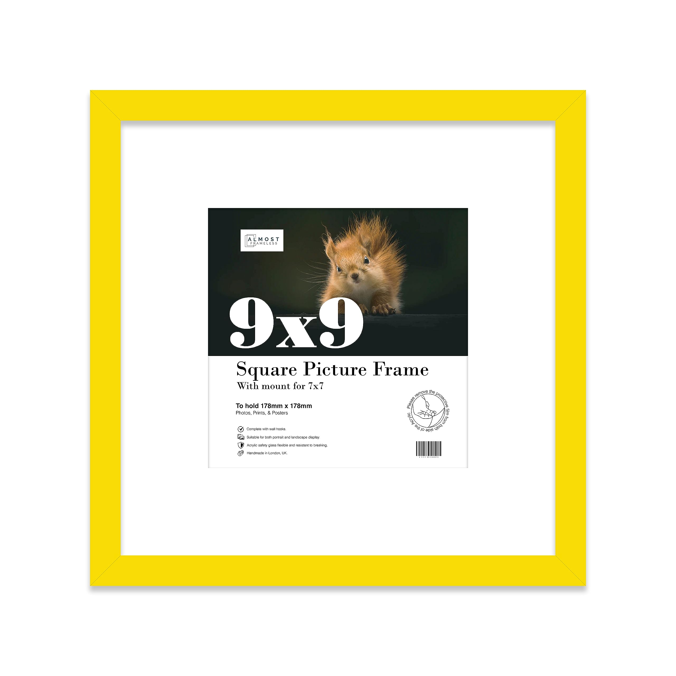 9x9 Yellow Picture Frame with Mount for 7x7 Photos, Prints - Modern Square Wall Frame, 1 Pack