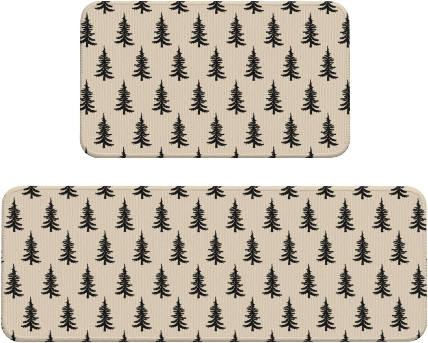 Black Cream Christmas Kitchen Mats Set of 2 Xmas Tree Print Winter Holiday Kitchen Rugs for Floor Home Decor Low-Profile Mats,17x29 and 17x47 Inch