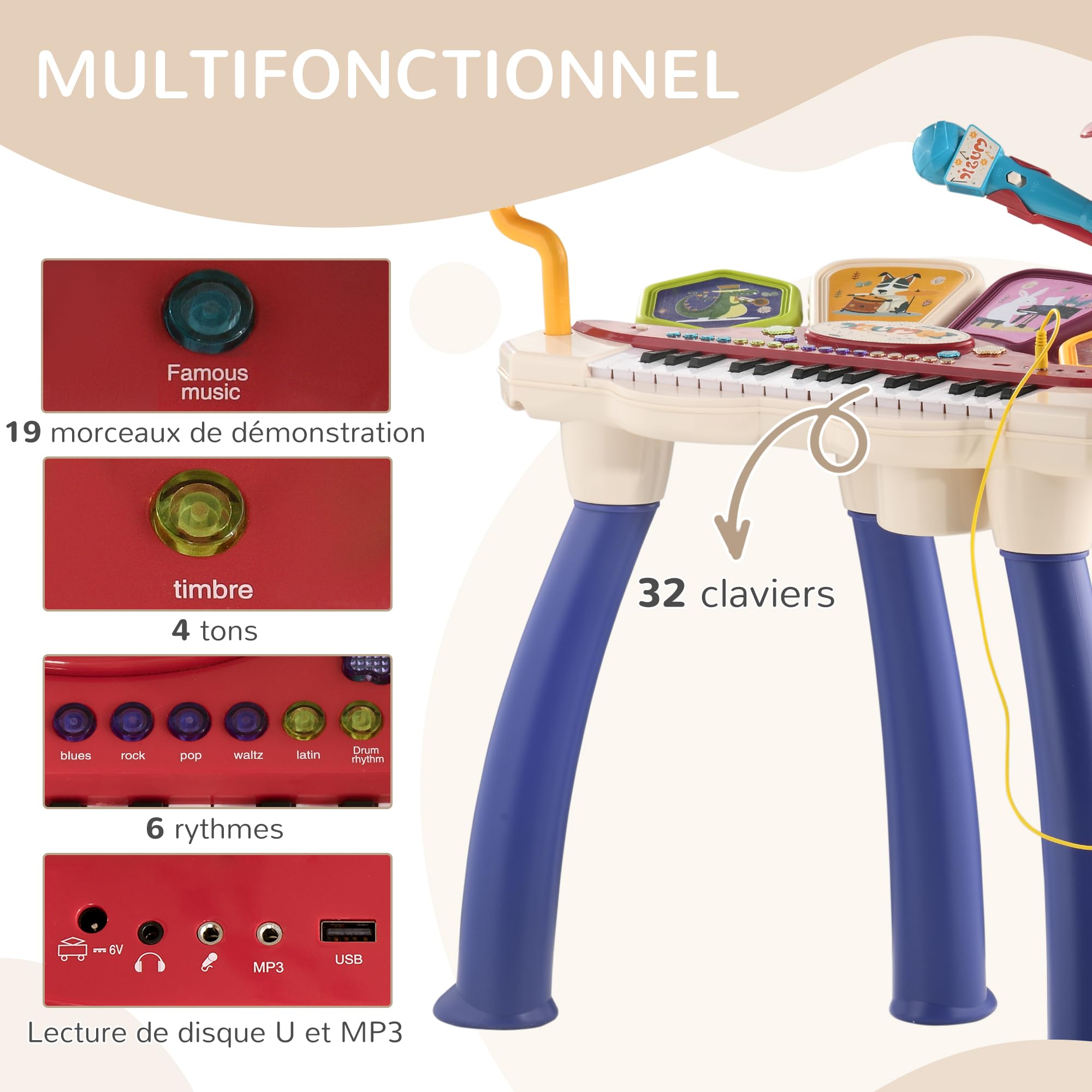 AIYAPLAY Kinderklavier, elektronische Tastatur Schlagzeug 2 in 1, 32 Multifunktionstasten, mit Mikrofon und Hocker, U- und MP3-Disc-Player, Kindermusikinstrument 3-6 Jahre, Mehrfarbig