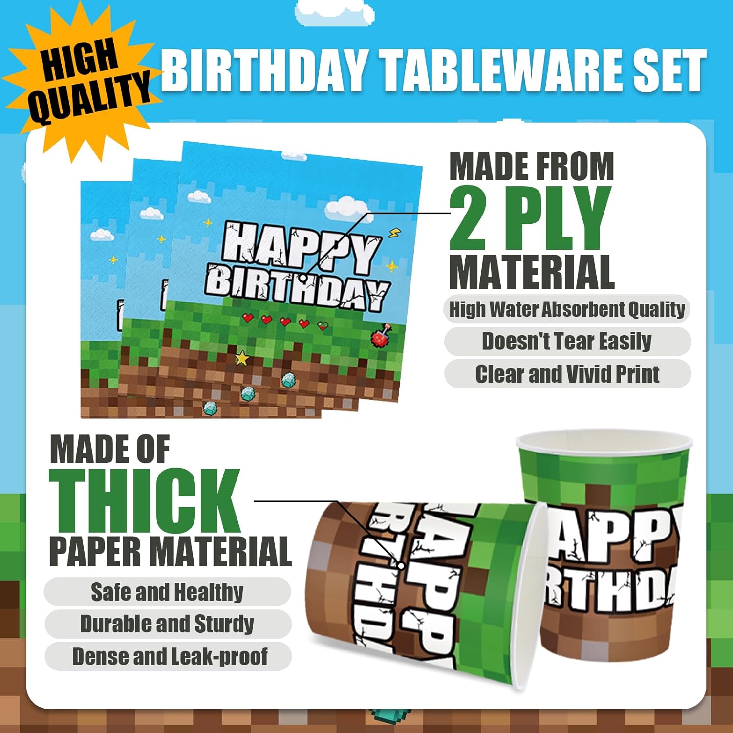 Green and Brown Party Decorations Mini Pixel Paper Plates and Napkins Video Game Themed Birthday Party Decorations Tableware Set for Kids Birthday Decor Serves 24