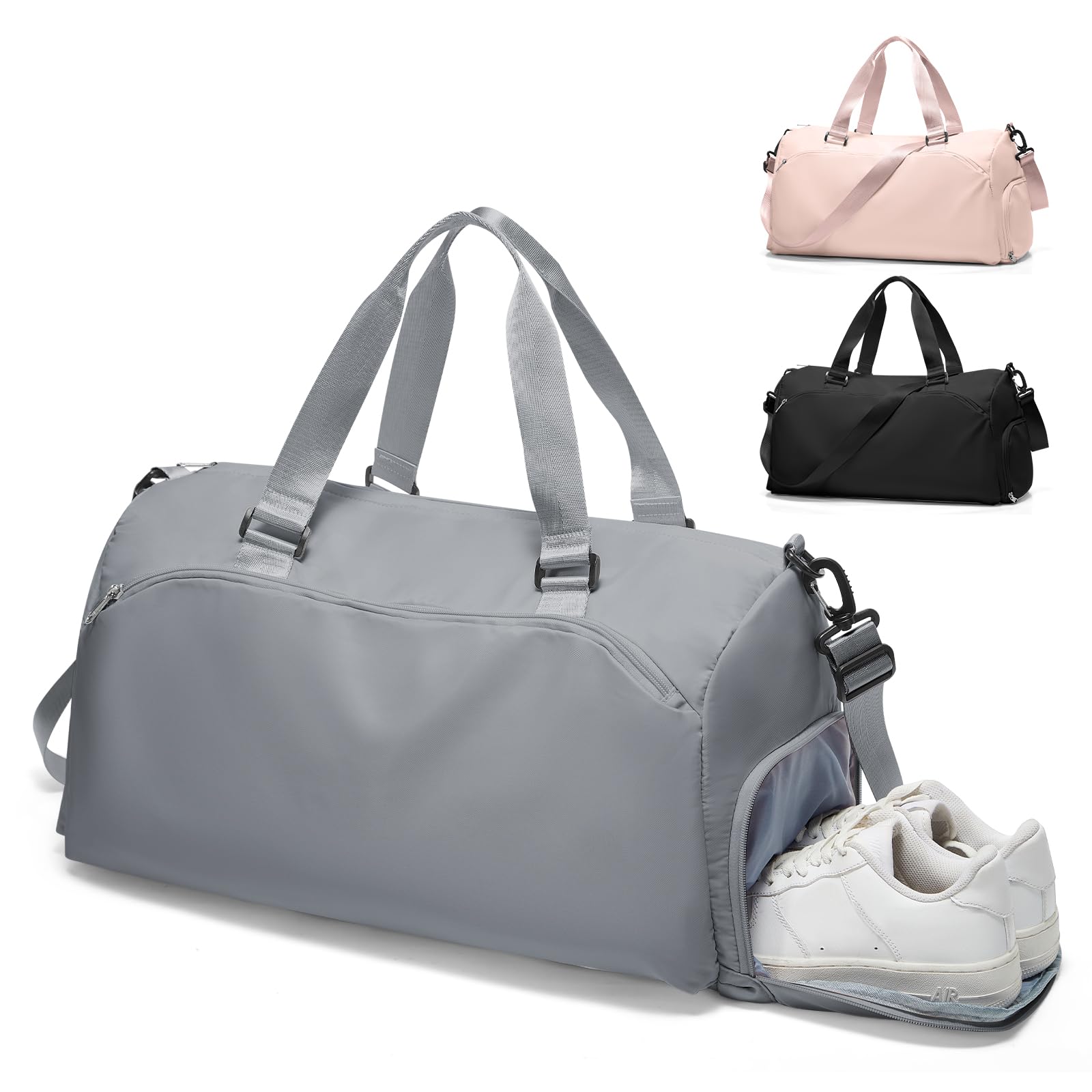 Gym Bag for Women with Shoe Compartment Lightweight Travel Duffle Bags Carry on Bag Overnight Weekender Duffel Bag with Wet Pocket Personal Item Travel Bag Tote Bag Workout Dance Bag Grey