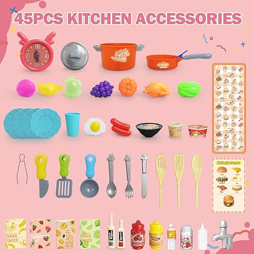 Miniatura 7 de RedCrab Juguetes de cocina para niños, simulan mini cocina con luz fría y sonido de cocina, juguetes de comida y accesorios de cocina, asistente de
