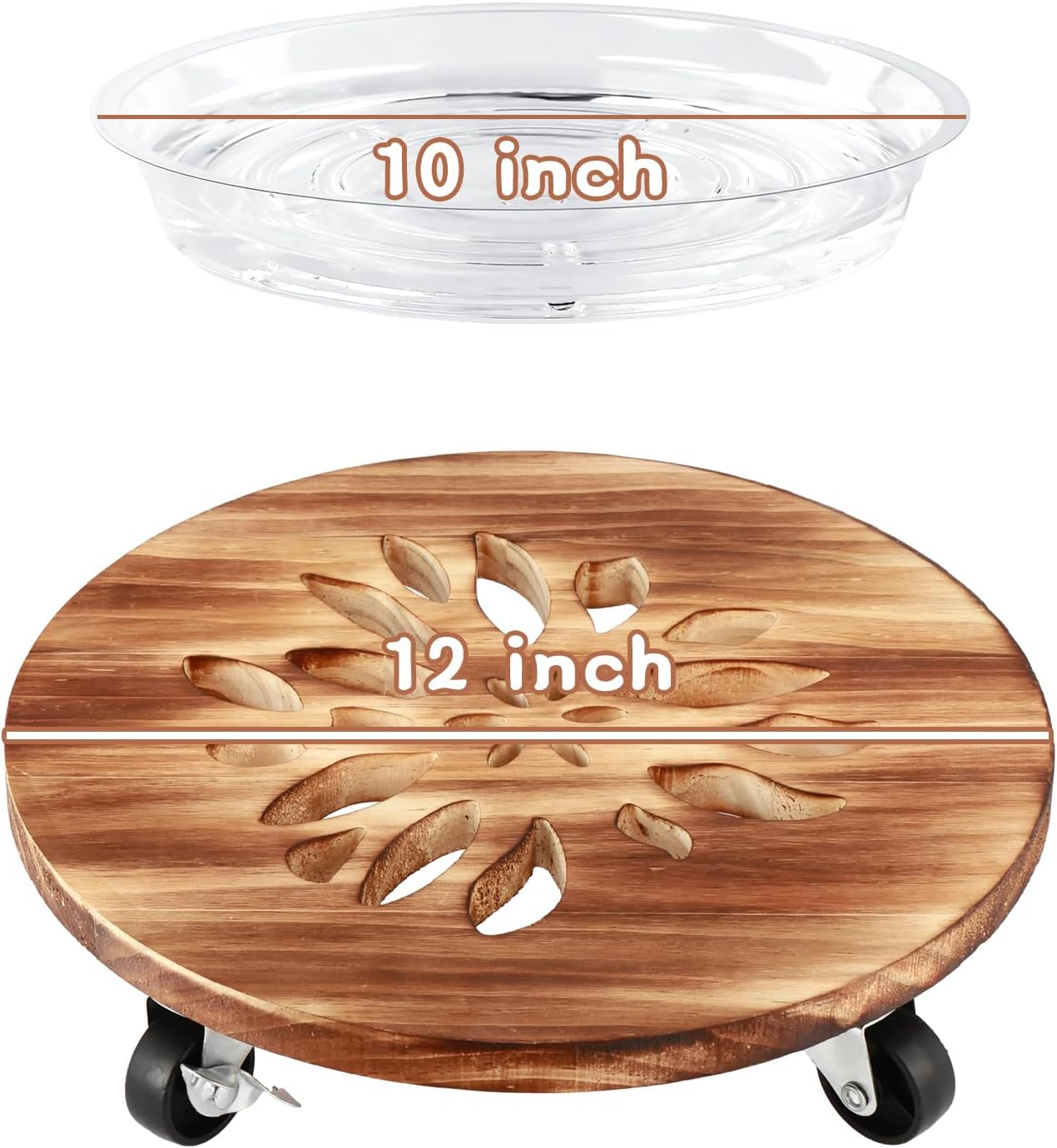 4 Pack Plant Caddy with Wheels Heavy Duty 12 Inch Wooden Plant Stand with Wheels Plant Dolly Rolling Plant Stand Plant Roller with Casters for Indoor and Outdoor with 4 Pack Plant Saucers, Round