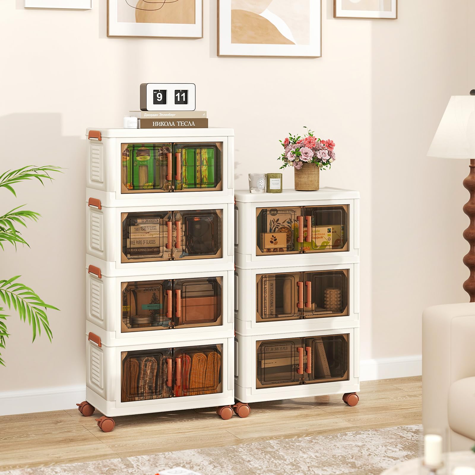 COSTWAY Caja de Almacenamiento Plegable 57 L, Paquete de 3 Contenedores de Almacenaje de Plástico con Puertas de Apertura Frontal, Cajas de Almacenaje Apilables con 4 Ruedas, para Dormitorio