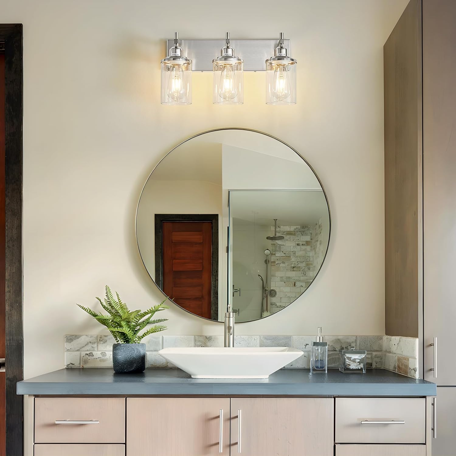 Lanhall 3-Light Brushed Nickel Bathroom Light Fixture Over Mirror Modern Bathroom Vanity Light Vintage Wall Lighting with Clear Glass Shade for Bathroom, Bedroom, Hallway, Cabinet