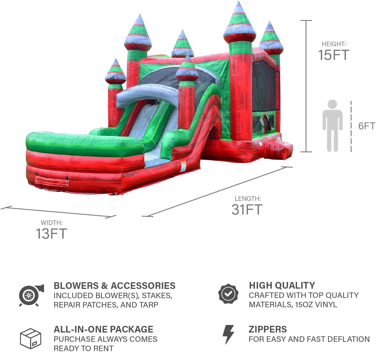 JumpOrange 13’ x 31’ x 15’ Midnight Bounce House with Dual Lane Slide; 15oz Commercial Grade PVC Vinyl, with Basketball Hoop and Blower for Kids and Adults, Rental Use, Indoor & Outdoor Play