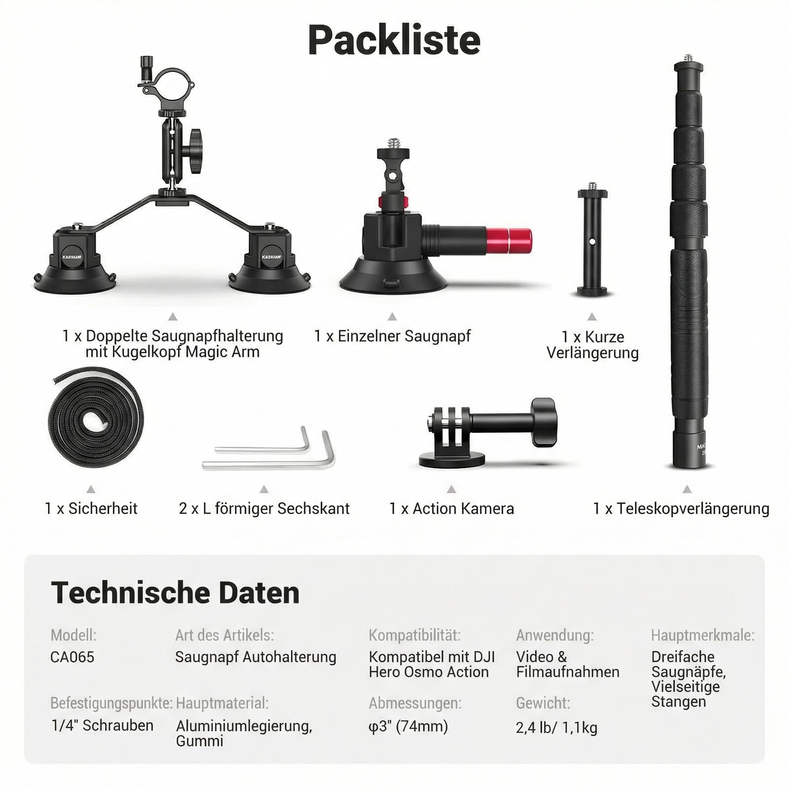 NEEWER Dreifach Saugnapf Autohalterung kompatibel mit Insta360 X5 X4 GoPro DJI OSMO 360 Kameras, Schnellverschluss Windschutzscheibe Magic Arm Halterung, 2 in 1 Verlängerungsstange/Selfie Stick, CA065