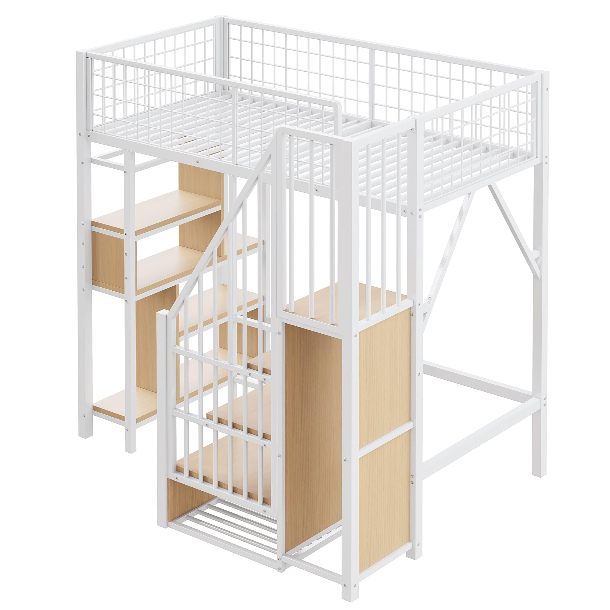 Letto a soppalco con ripiani e scale, letto singolo con vano portaoggetti, letto per adulti per camera da letto, camera degli ospiti, letto in metallo, senza materasso, bianco, 90 x 200 cm