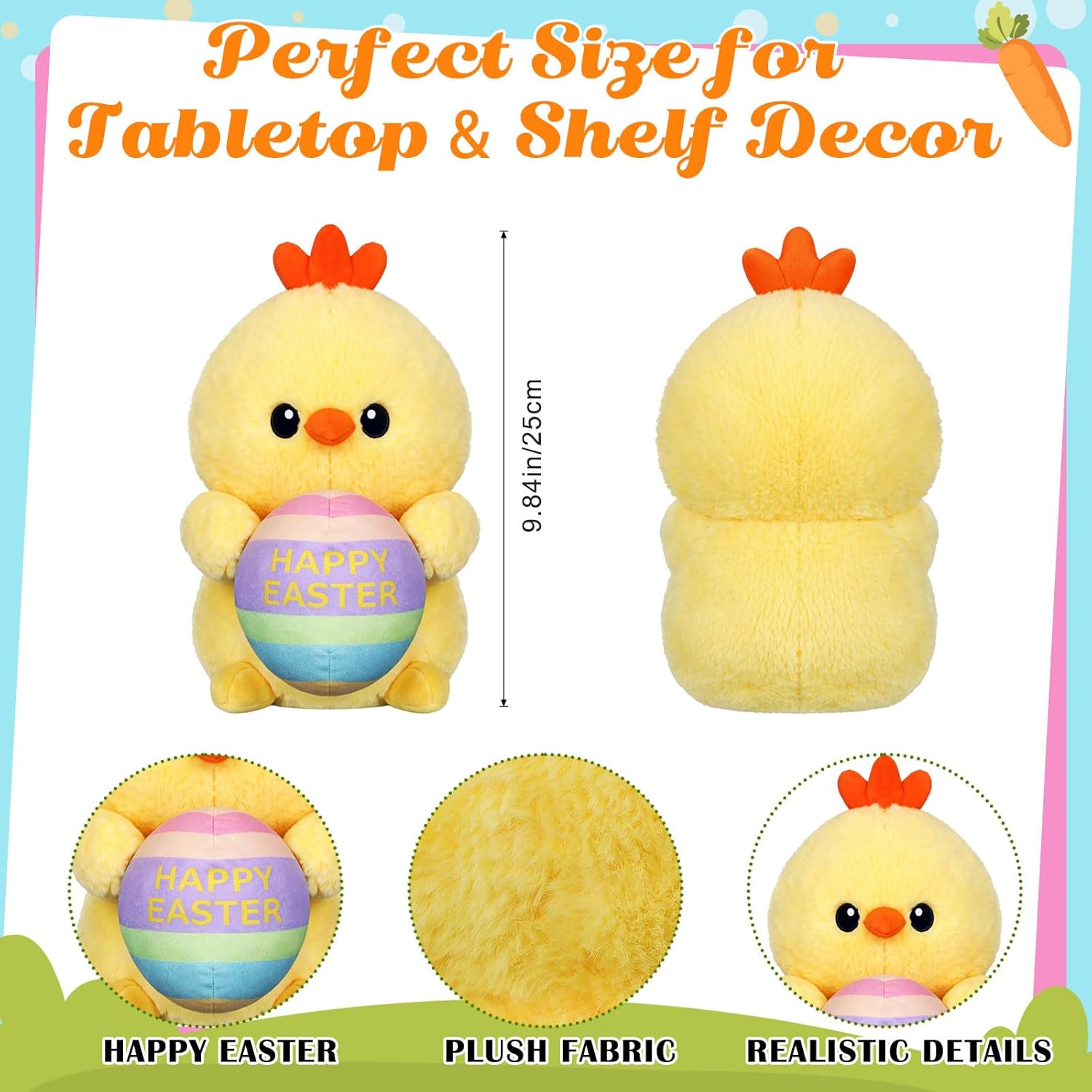 Hollowfly Easter Chick Plush Toy, 10 Inch Cute Yellow Chicken Holding Egg, Easter Basket Stuffers for Kids, Chick Stuffed Animal Gifts for Boys Girls, Spring Seasonal Party Decor