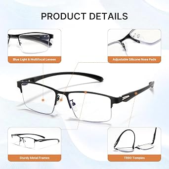 EFE 2 Pack Reading Glasses for Men, 1 Progressive Multifocus Reader and 1 Blue Light Blocking Reader