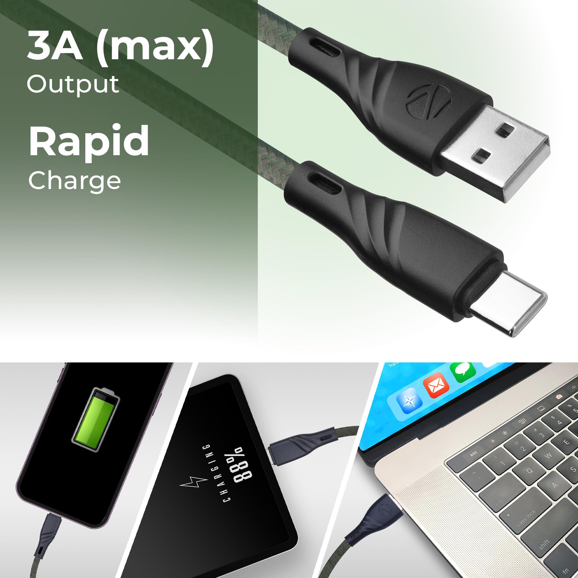 Zebronics USB to Type C Braided Nylon Cable, 33W, 3A Max, 1.5 Meters, Rapid Charging, 15000+ Bends Tested, Charge & Sync, Durable, Samsung, OnePlus, Xiaomi, Realme, Oppo (UT300, Green) — Amazon image 3