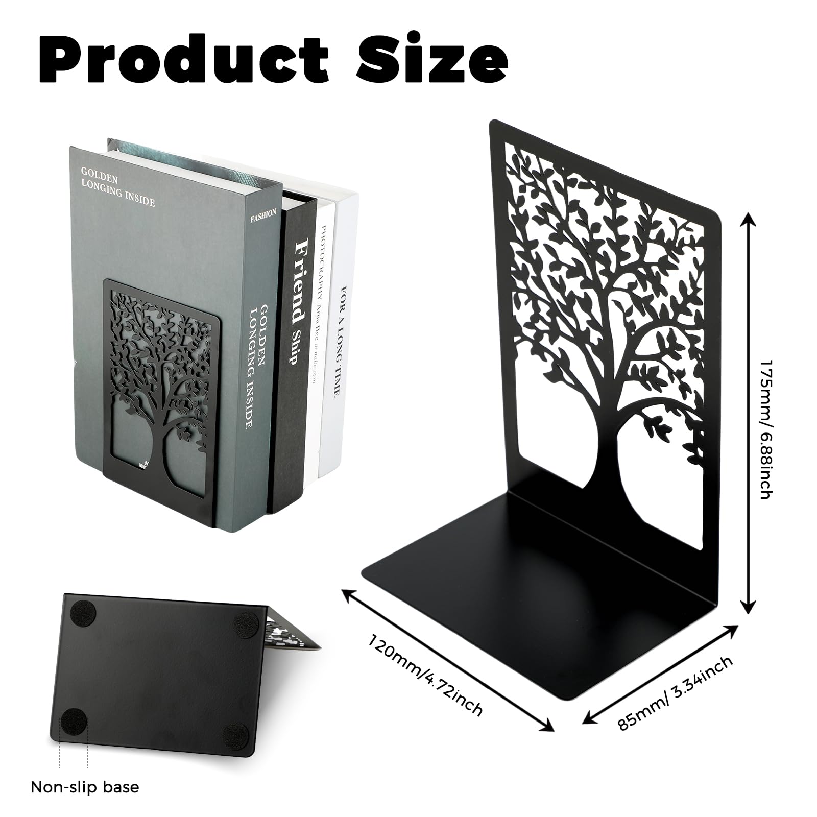 Sujetalibros de metal negro con patrón árbol de la vida 18x12x8 cm para oficina hogar