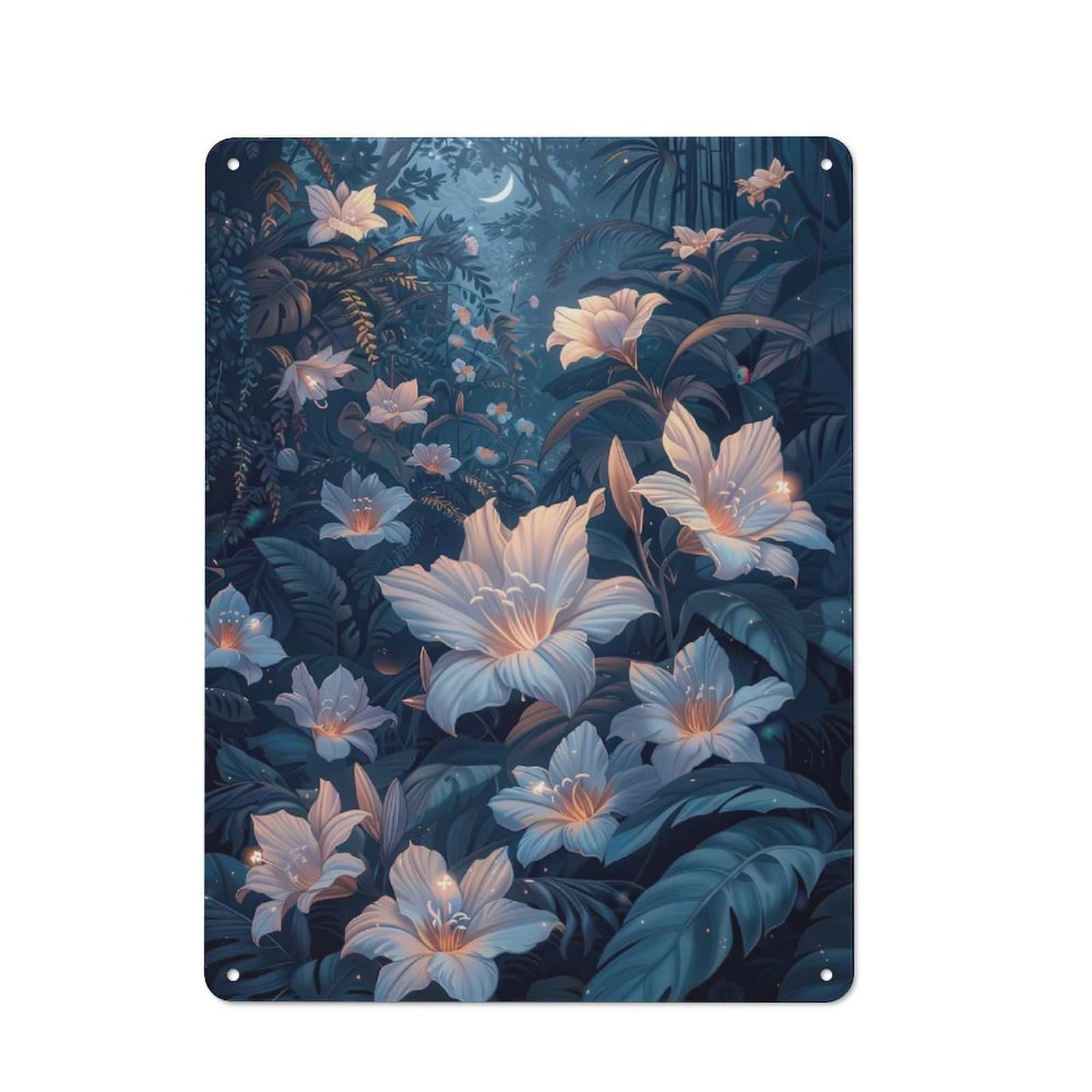 Vintage Metal Wall Art Sign 40x30cm Featuring Moonlit Forest Flowers, Old Style Wall Plaque for Kitchen, Hallway, Bar Or Small Cafe