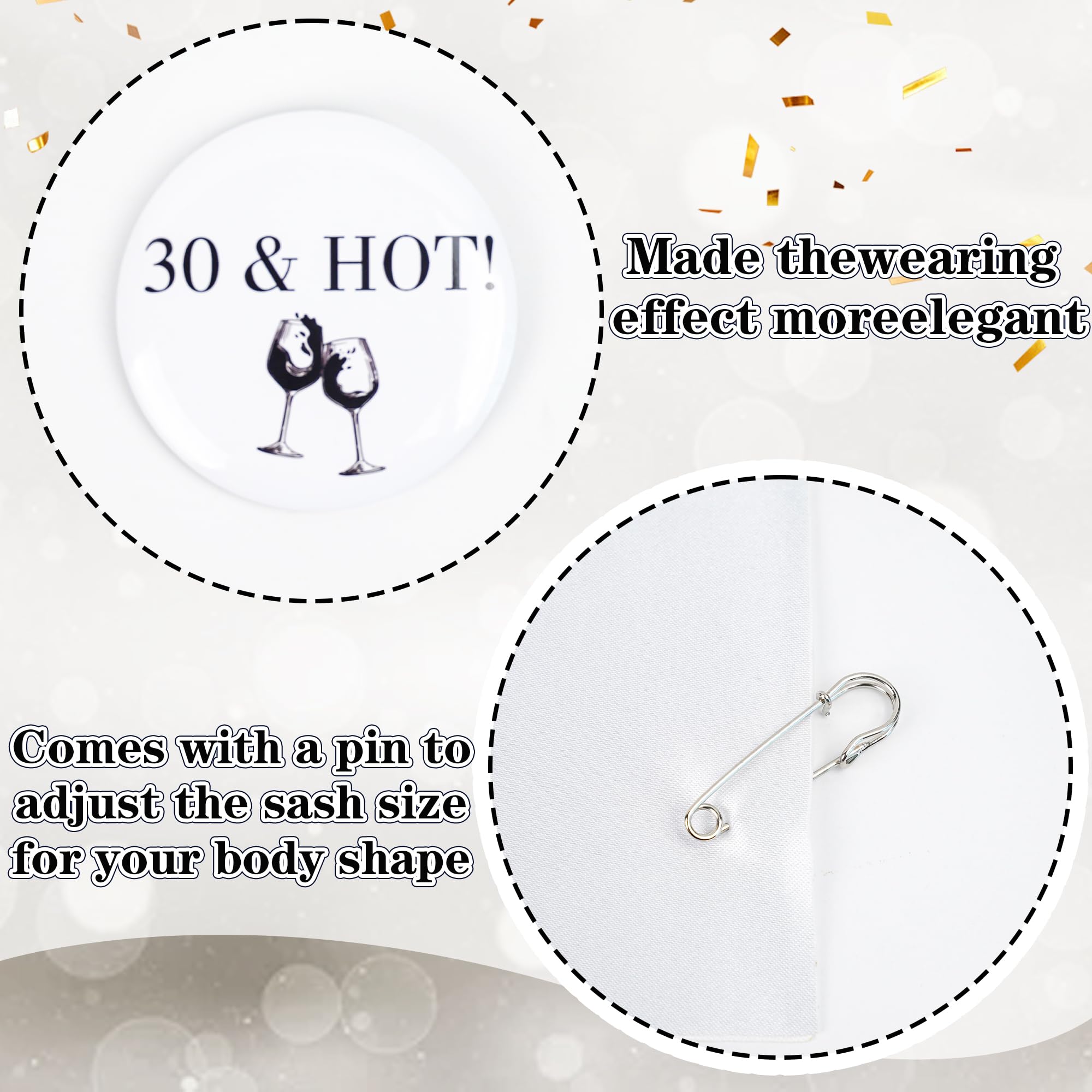 30th Birthday Decorations Sash for Women, Black and White 30th Hot Sash with Button Badge - Image 3