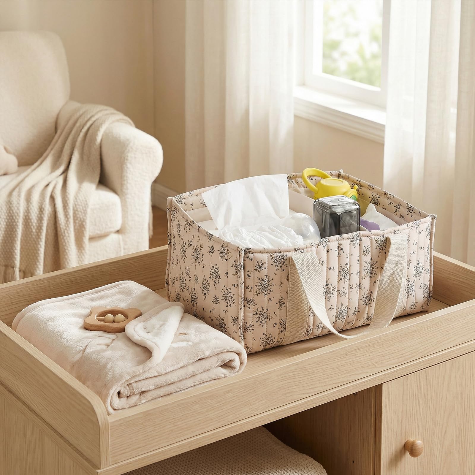 Floral organizer na pieluchy z uchwytem, stylowy kosz do przechowywania do pokoju dziecięcego z wyjmowaną ścianką działową