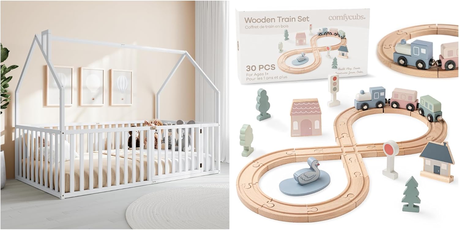 Comfy Cubs Kids House Gated Floor Bed Twin Size and 30-Piece Wooden Train Set Bundled