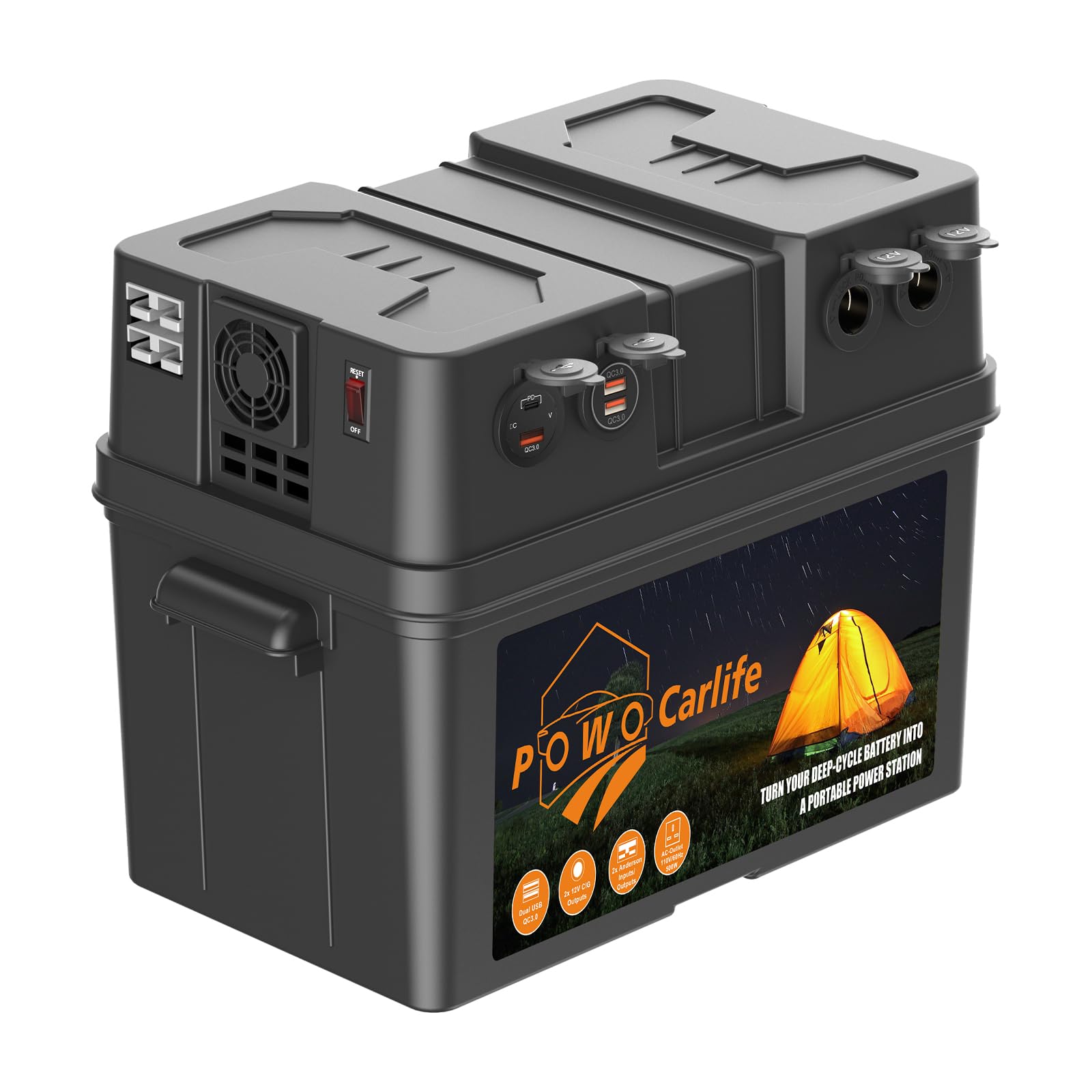 Battery Box for Group 24/27 Group, Build-in Pure Sine 110V Inverter AC Outlet, 12V Battery Box for Marine, Camping, RV, Trailer, Boat