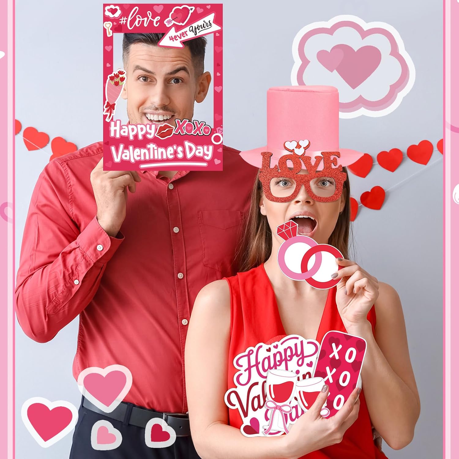 Suncalla 34 Pcs Valentine's Day Photo Booth Props Kit Red Pink Celebrate Valentine Day Photo Props Funny Hat Glasses Headbands Kiss Wine Flower Photos Frame for Photoshoot Fun Wedding Party Decoration