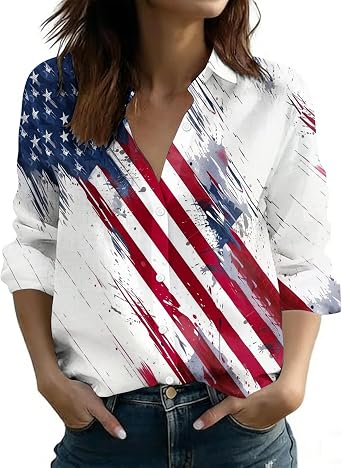 4th of July Shirts for Women Patriotic Star Print USA Flag Blouse V Neck Button Down Blouse 3/4 Sleeve Summer Tops