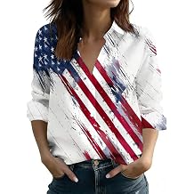 4th of July Shirts for Women Patriotic Star Print USA Flag Blouse V Neck Button Down Blouse 3/4 Sleeve Summer Tops