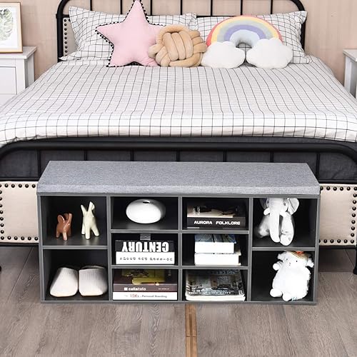 Miniatura 9 de DORTALA Banco de zapatos con cojines acolchados, armario de almacenamiento de 10 cubos con estantes ajustables, banco de almacenamiento de zapatos