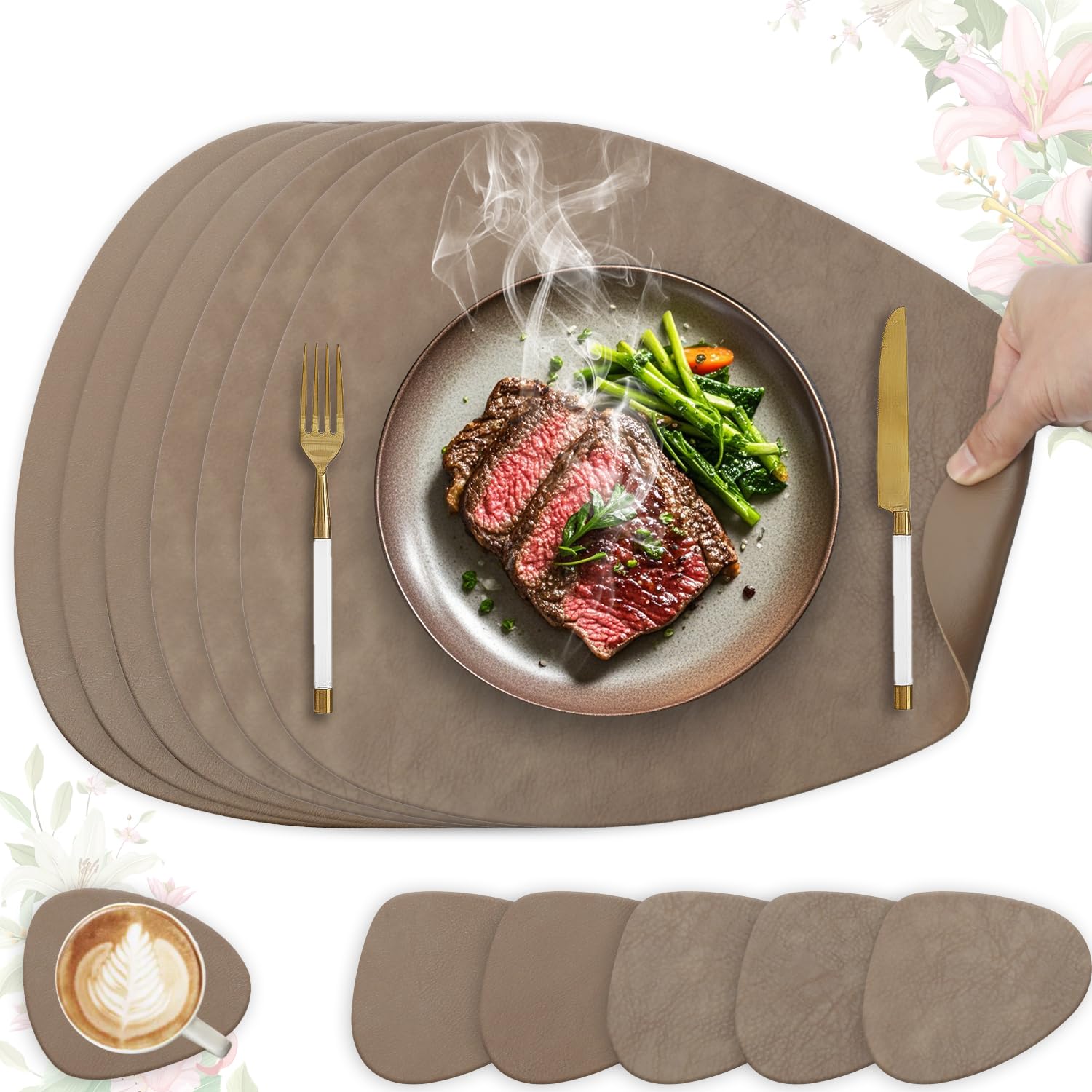 HELI MIAO 6er Set Tischset aus Leder-Imitat，Platzsets abwaschbar und wasserdicht，Platzdeckchen Lederoptik mit Untersetzer,Tischuntersetzer Doppelseitigen rutschfest(Oval,braun)