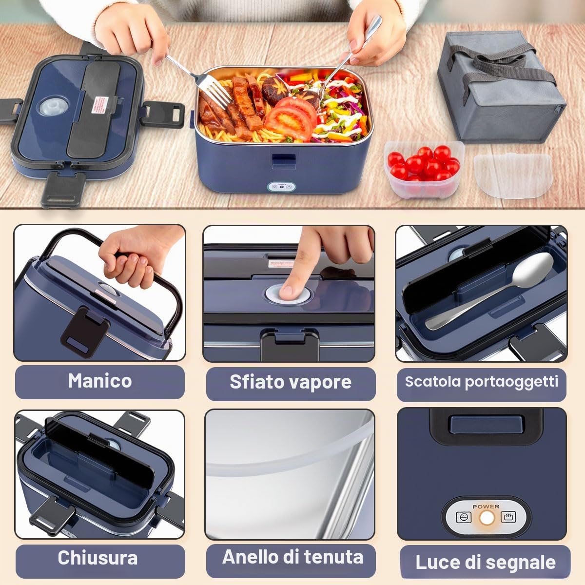 Scaldavivande Elettrico Portatile 80W Camion/Auto Lunch Box 12/24/230V Elettrico Portavivande1.8l Contenitore Porta Pranzo Per Ufficio Viaggiare Grigio Borse(1.8L-blu)