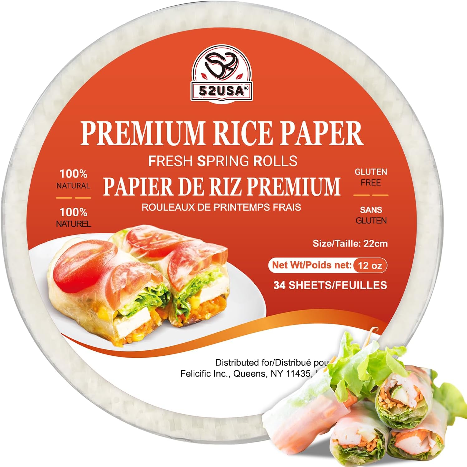 52USA Rice Paper, 1 Pack, Fresh Spring Rolls & Dumplings, 34 Sheets, Gluten-Free, Vegan, Low Carb, Vietnamese Wraps (Round, 22cm)