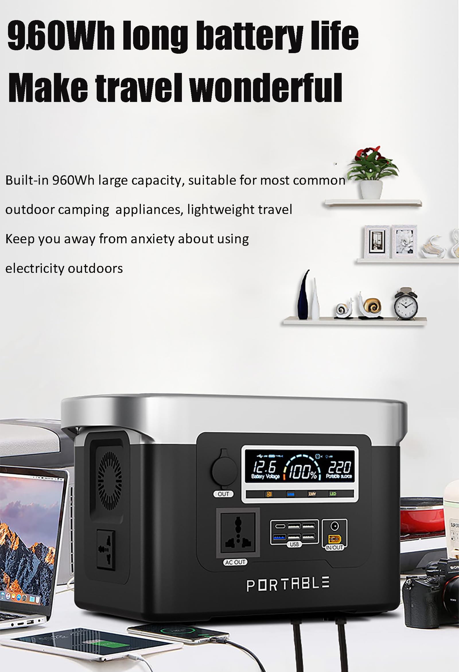 Centrale électrique Portable 800 W, Batterie de Secours au Lithium 960 Wh, Prise Secteur 110 V/220 V à Onde sinusoïdale Pure, générateur Solaire avec éclairage LED