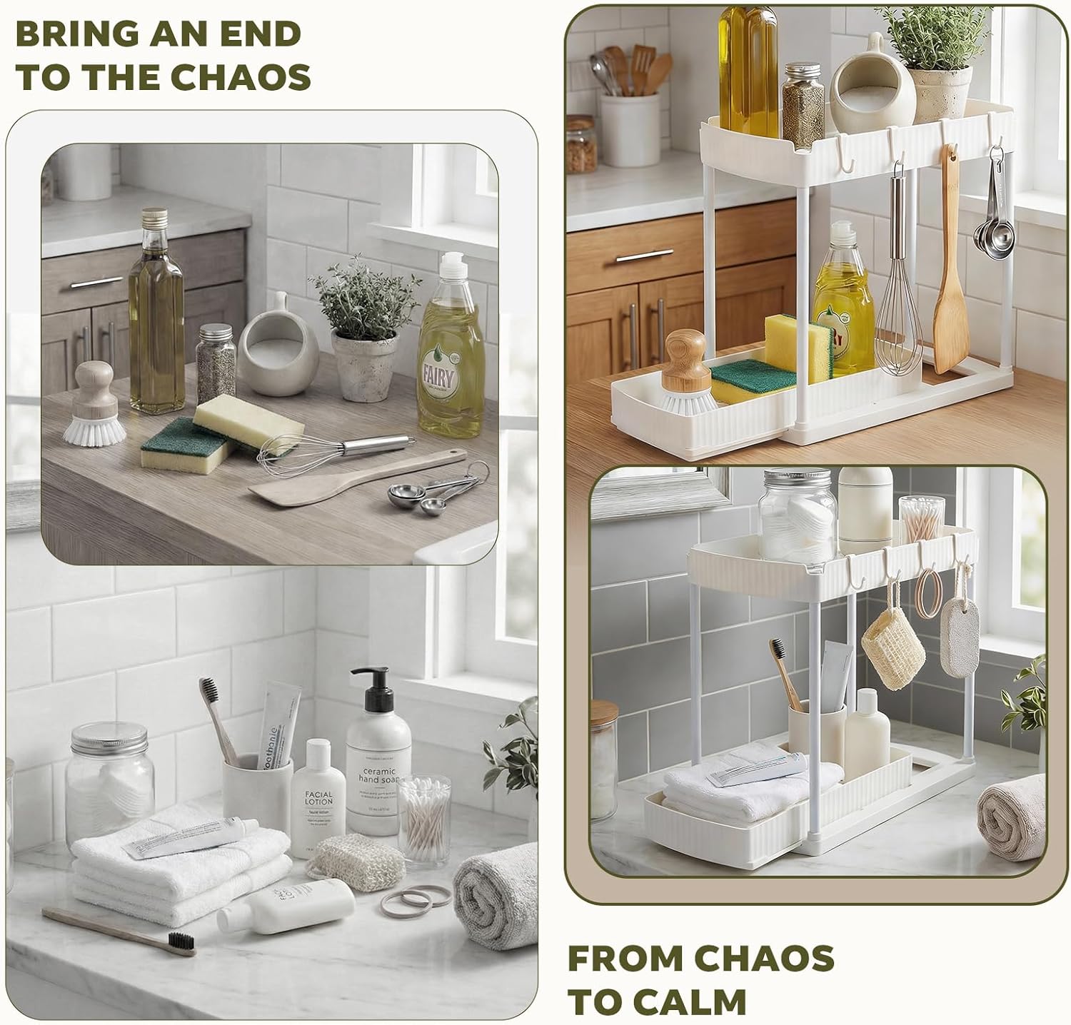 1 Pack Multi-Purpose Extendable Storage Device, Sink Under Cells and Cells, 2-Tier Cabinet Basket Cells Drawers, Suitable for Bathroom and Kitchen, 12.8 Inch (White) image 3