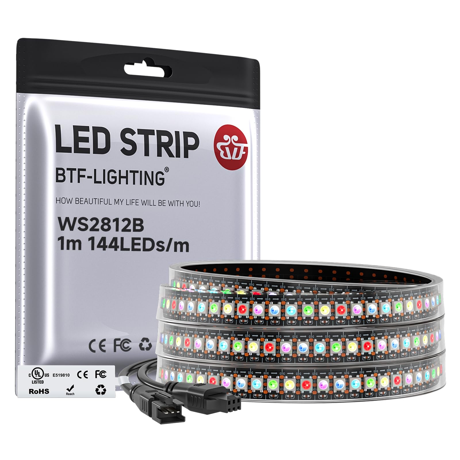 BTF-LIGHTING WS2812B IC RGB LED Strip,UL Listed,DC5V 3.28FT 144LED IP67