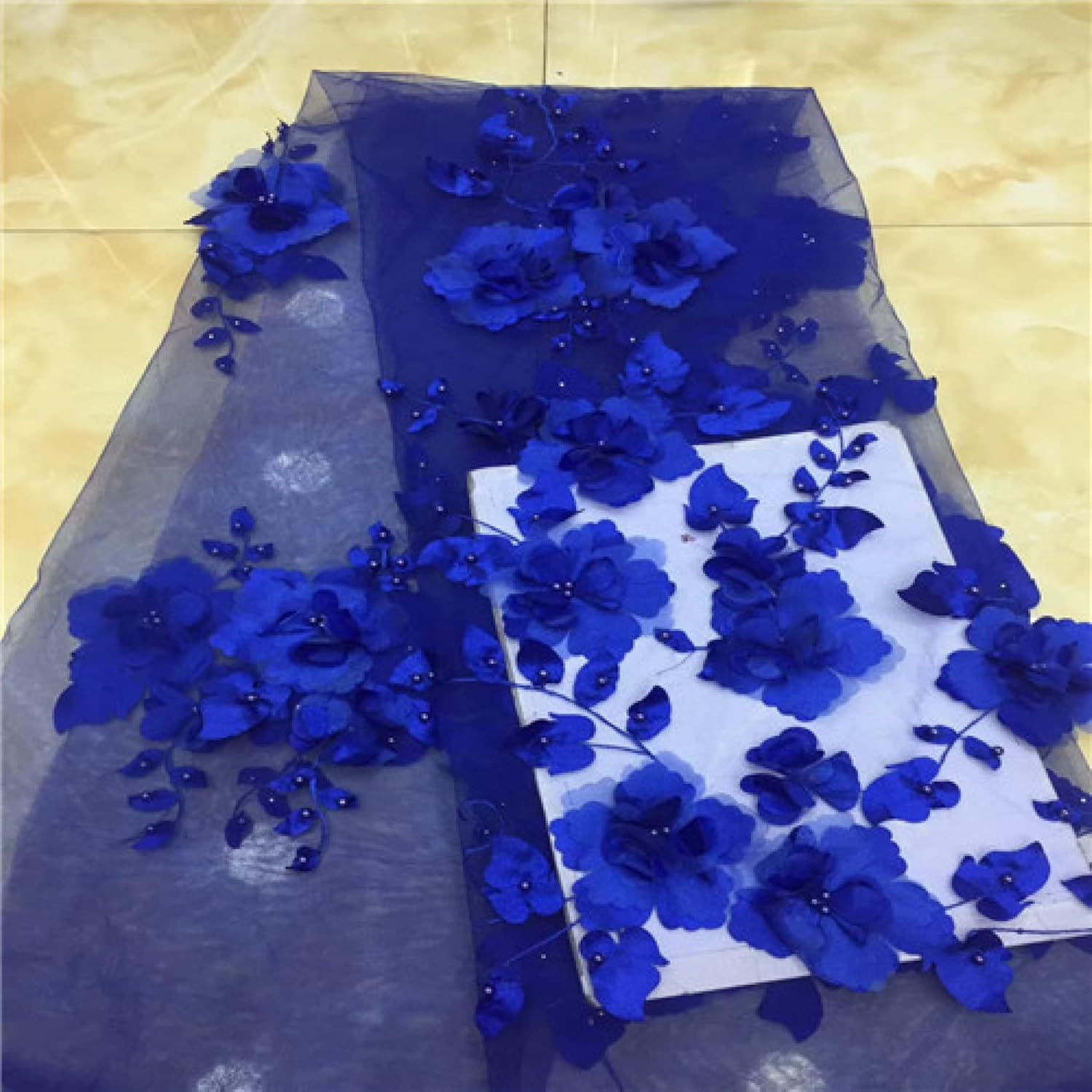 Tulle Fabric Roll 2 Yards Flower Applique Beads Lace Fabric Wide Mesh Tulle Sewing Skirt Dress Bridal Veil Home Curtain Decor DIY Crafts(Navy Blue)