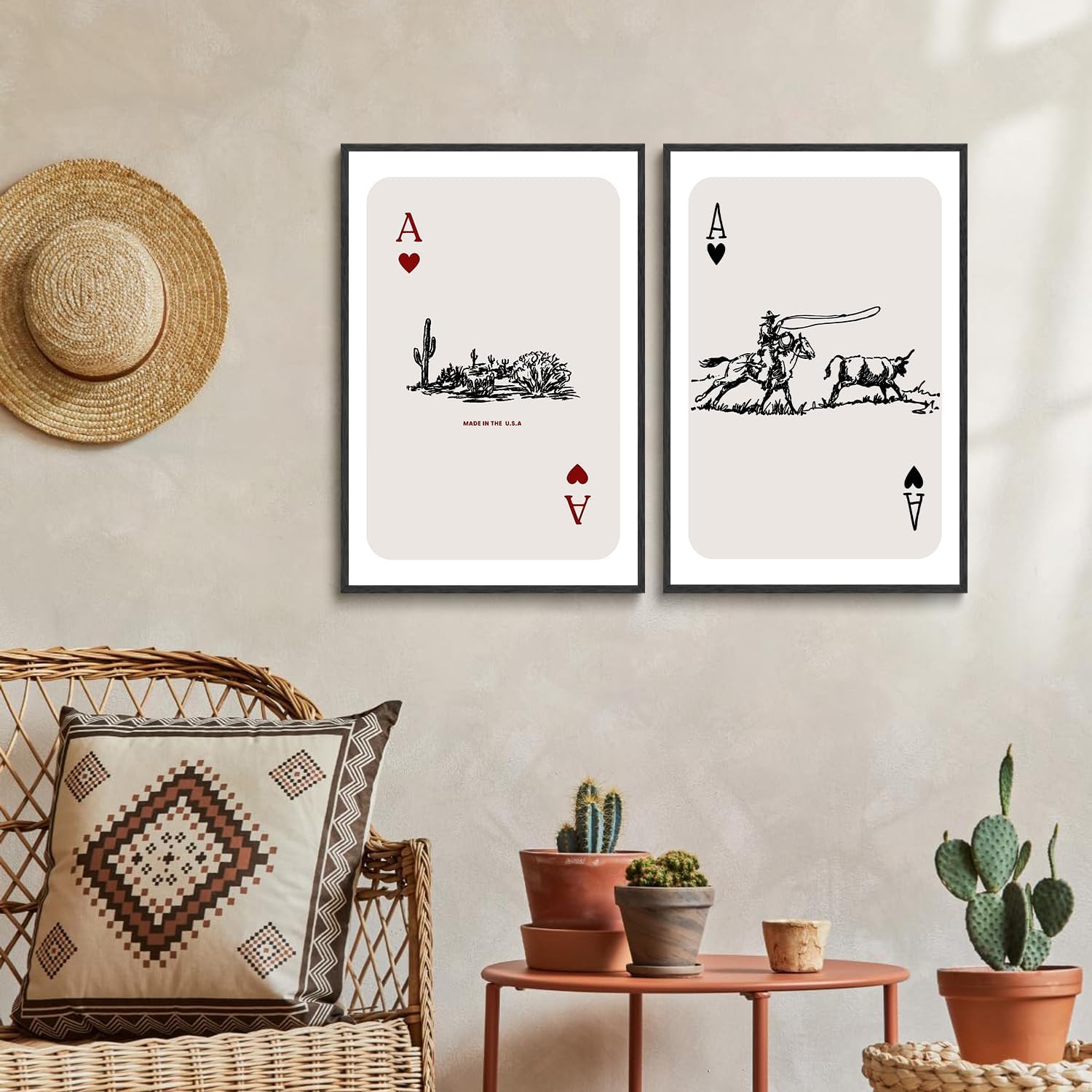 Western Cowboy Wall Art Desert Cactus Playing Card Canvas Wall Decor Vintage Southwestern Ace of Hearts Paintings Prints Posters for Living Room Western Bedroom Office 16x24inx2 Unframed