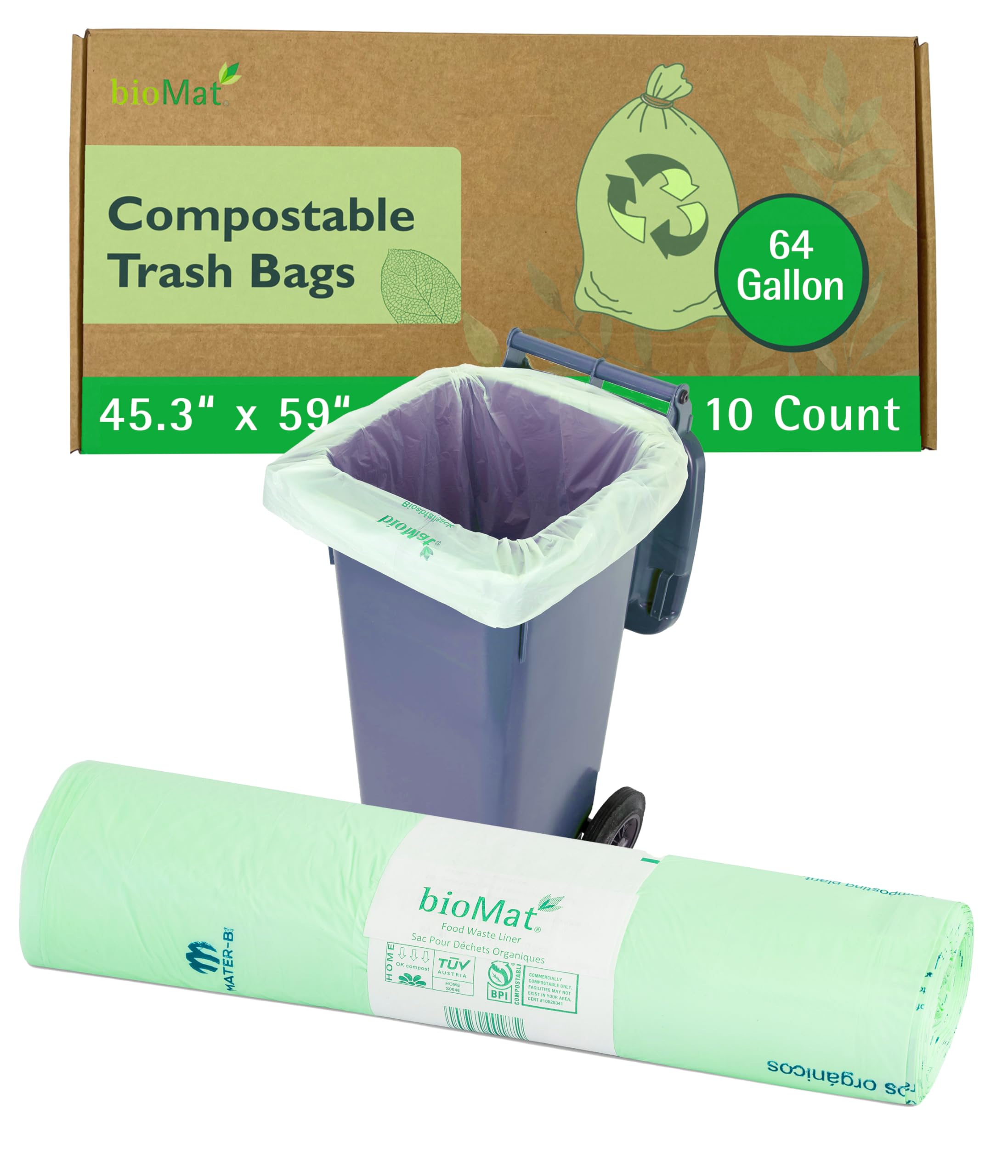 bioMat Compostable 240 Litre Wheelie Bin Liners, 10 Refuse Sacks, EN 13432 Certified Compostable Food Waste Bags, for Organic Waste, Household Waste